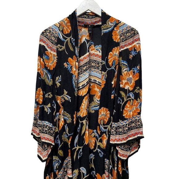 AQUA Boho Duster Size Small Black Floral Kimono Womens Open Front Top Shrug - Picture 3 of 9